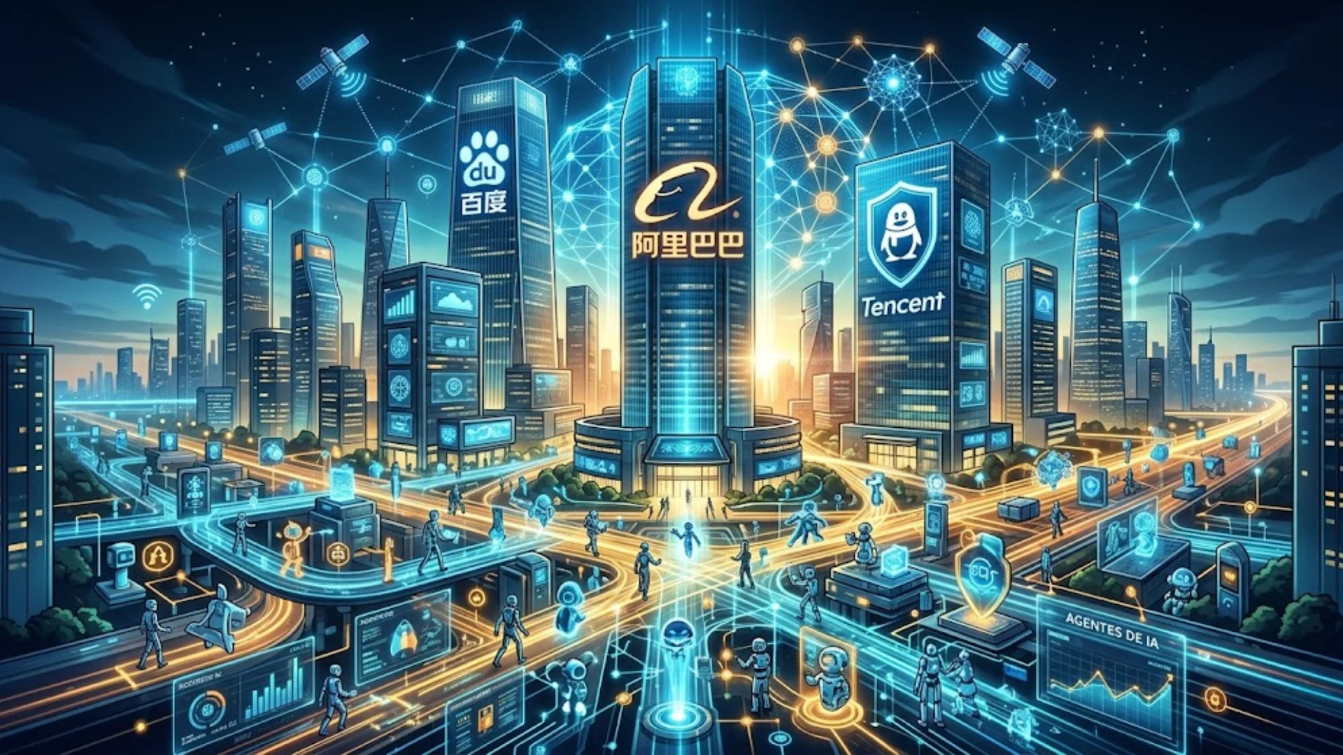 Representación tecnológica de los gigantes Baidu, Alibaba y Tencent liderando el desarrollo de agentes de IA.