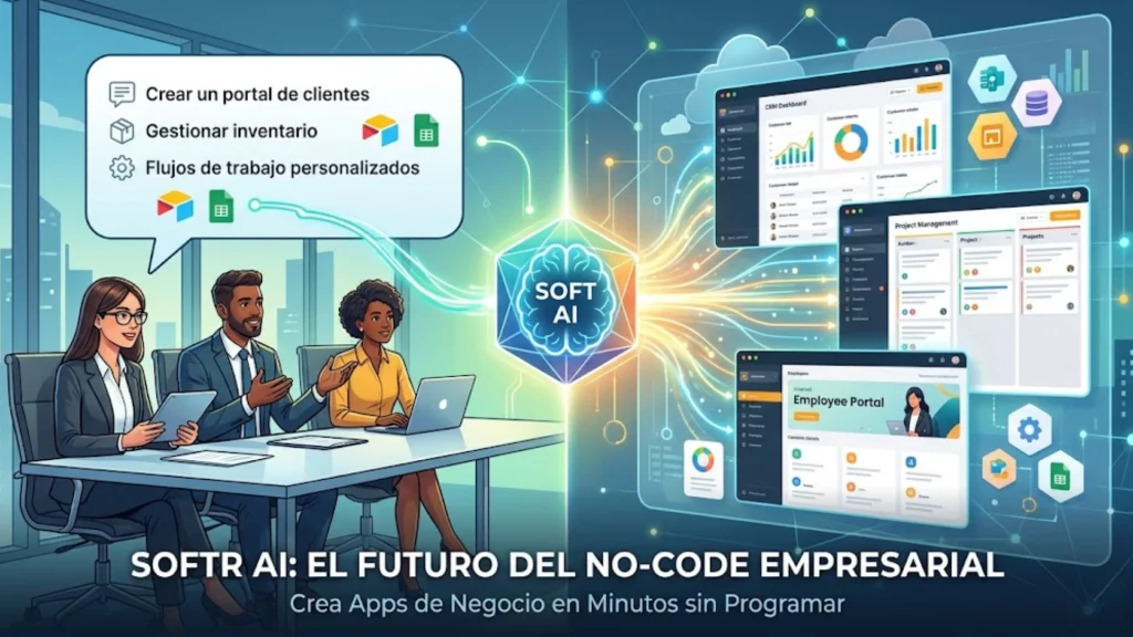 Interfaz de Softr AI creando una aplicación empresarial de gestión de inventarios.