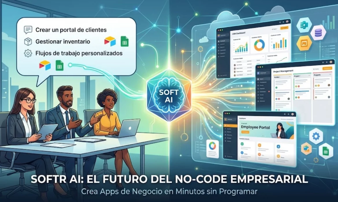 Interfaz de Softr AI creando una aplicación empresarial de gestión de inventarios.