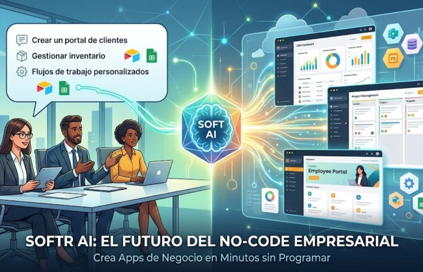 Interfaz de Softr AI creando una aplicación empresarial de gestión de inventarios.