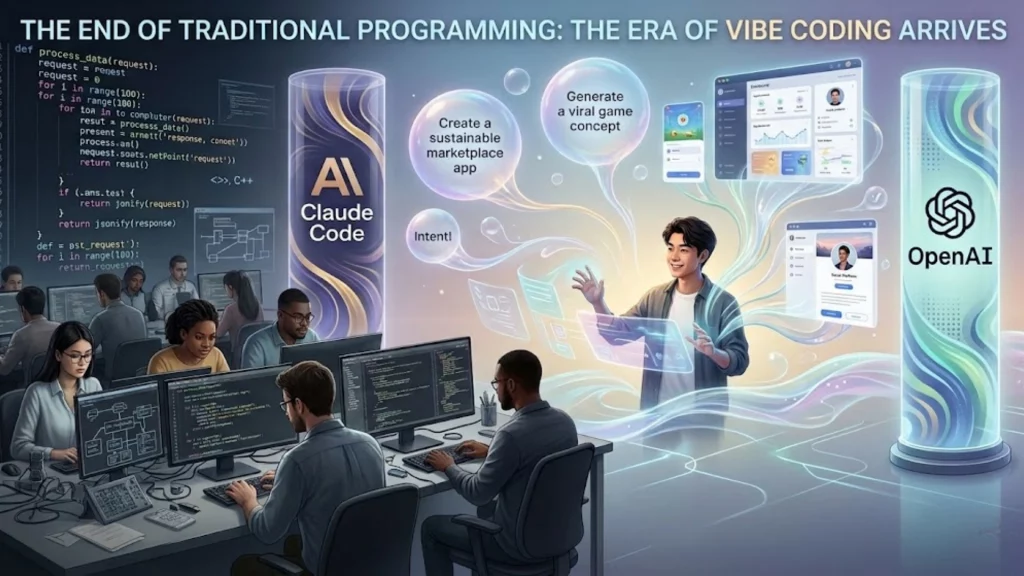 Programador interactuando con inteligencia artificial en la nueva era del Vibe Coding.