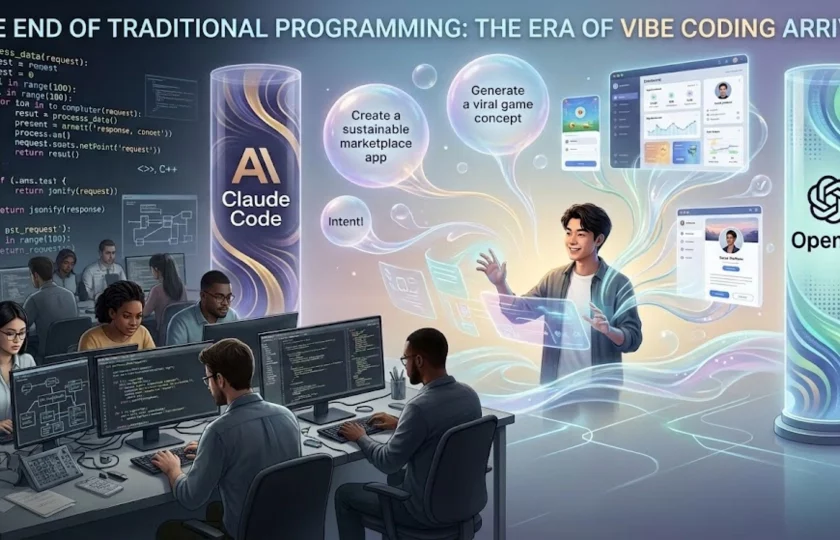 Programador interactuando con inteligencia artificial en la nueva era del Vibe Coding.