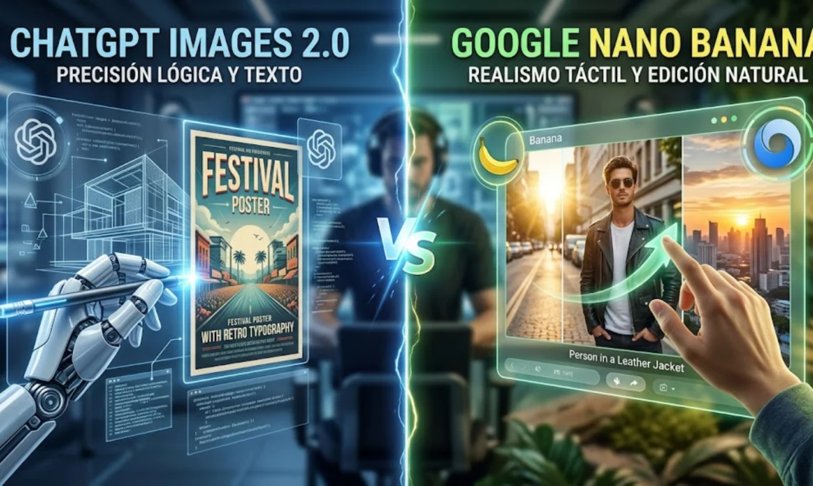 Comparativa visual entre los modelos de IA ChatGPT Images 2.0 y Google Nano Banana 2 mostrando realismo y precisión de texto.