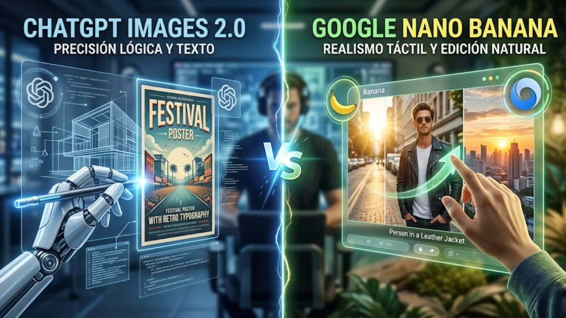 Comparativa visual entre los modelos de IA ChatGPT Images 2.0 y Google Nano Banana 2 mostrando realismo y precisión de texto.