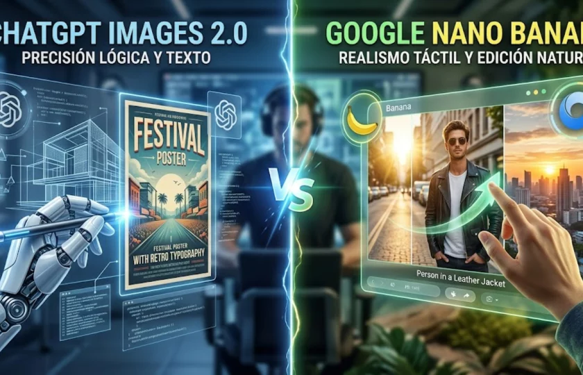Comparativa visual entre los modelos de IA ChatGPT Images 2.0 y Google Nano Banana 2 mostrando realismo y precisión de texto.