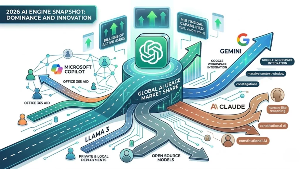 Gráfico comparativo de los motores de inteligencia artificial más populares y el logo de ChatGPT.