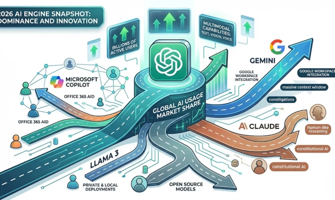 Gráfico comparativo de los motores de inteligencia artificial más populares y el logo de ChatGPT.