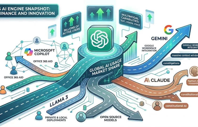 Gráfico comparativo de los motores de inteligencia artificial más populares y el logo de ChatGPT.