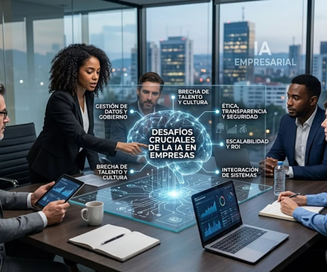 Ejecutivos analizando retos de inteligencia artificial en una infraestructura digital.