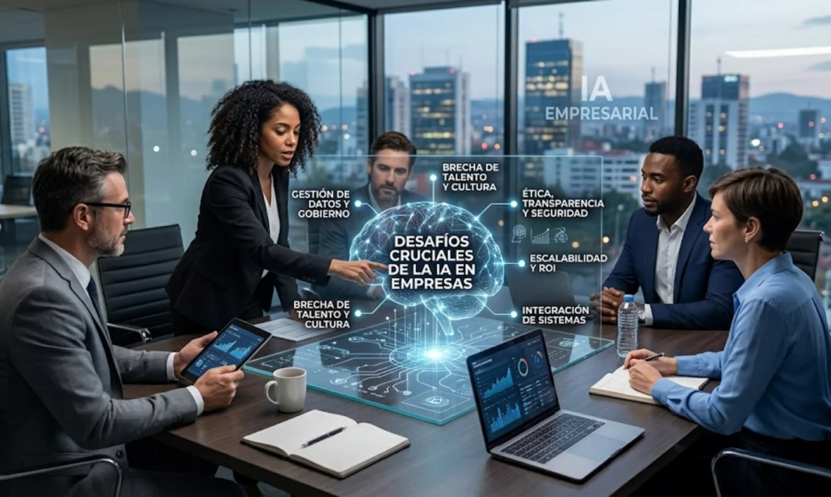 Ejecutivos analizando retos de inteligencia artificial en una infraestructura digital.