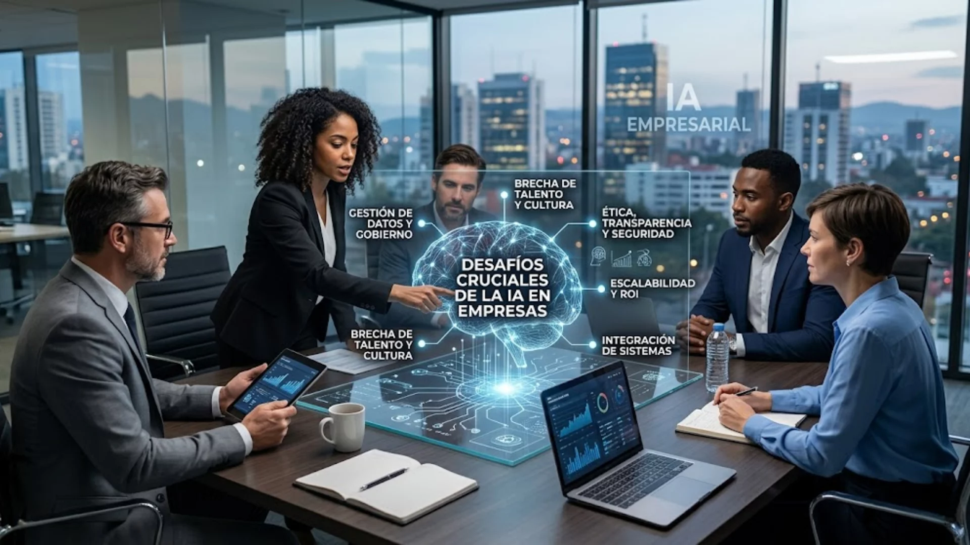 Ejecutivos analizando retos de inteligencia artificial en una infraestructura digital.