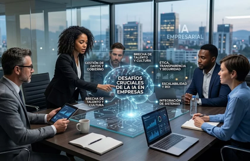 Ejecutivos analizando retos de inteligencia artificial en una infraestructura digital.