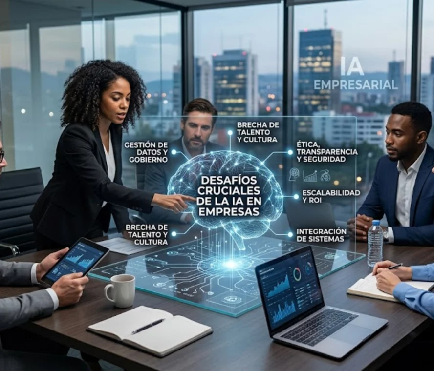 Ejecutivos analizando retos de inteligencia artificial en una infraestructura digital.