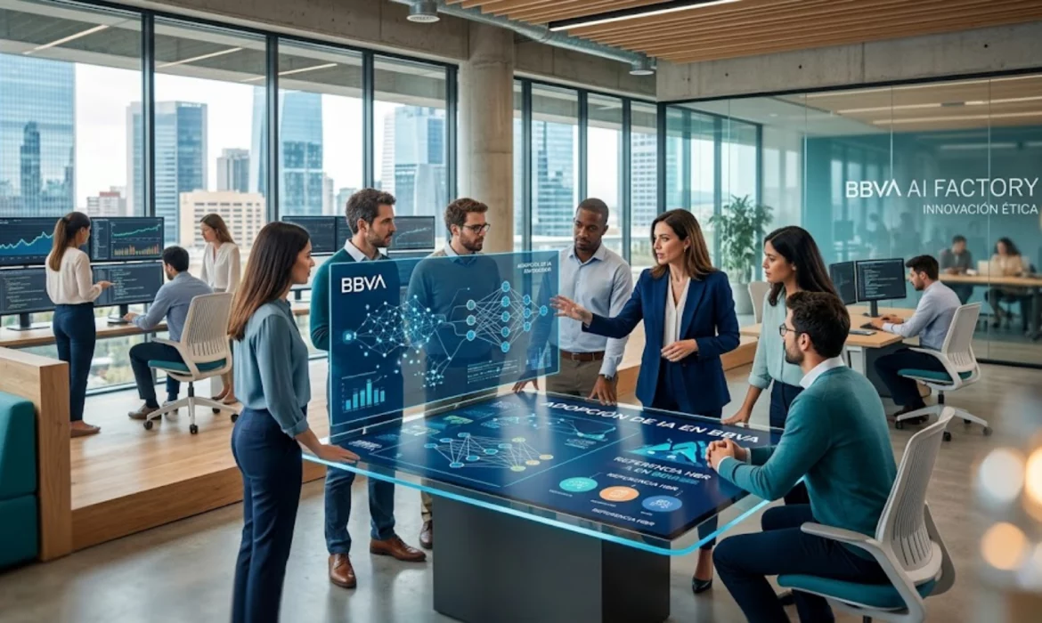 Ejecutivos analizando datos de inteligencia artificial en una entidad financiera.