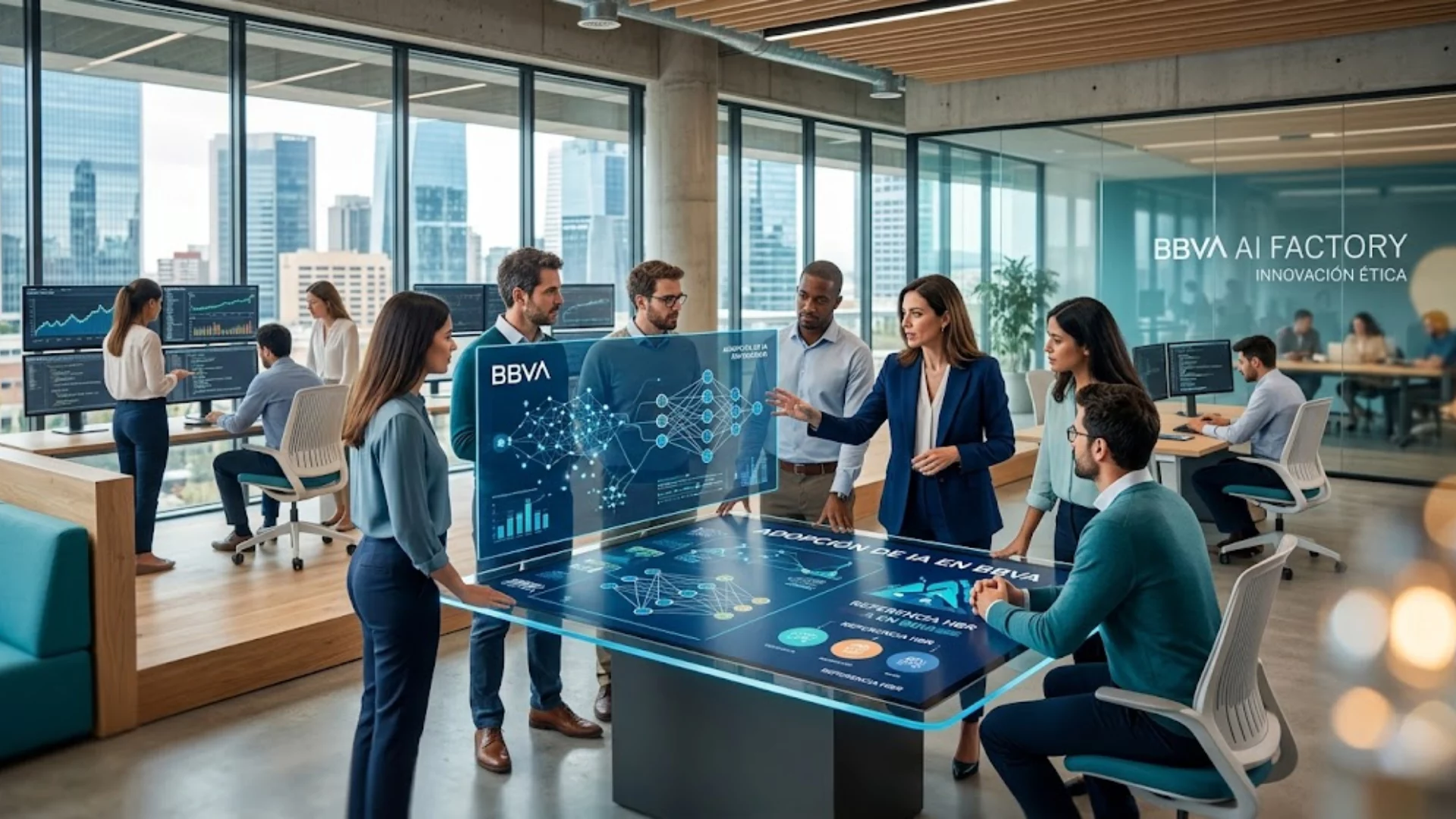 Ejecutivos analizando datos de inteligencia artificial en una entidad financiera.