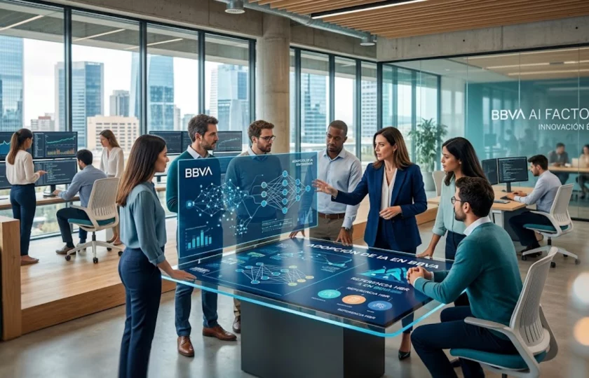 Ejecutivos analizando datos de inteligencia artificial en una entidad financiera.