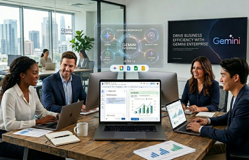 Interfaz de Google Gemini Enterprise integrada en Google Workspace para empresas.