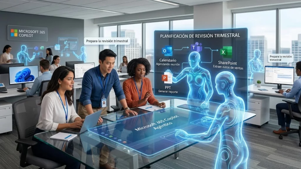 Interfaz de Microsoft 365 Copilot ejecutando tareas mediante inteligencia artificial agéntica.