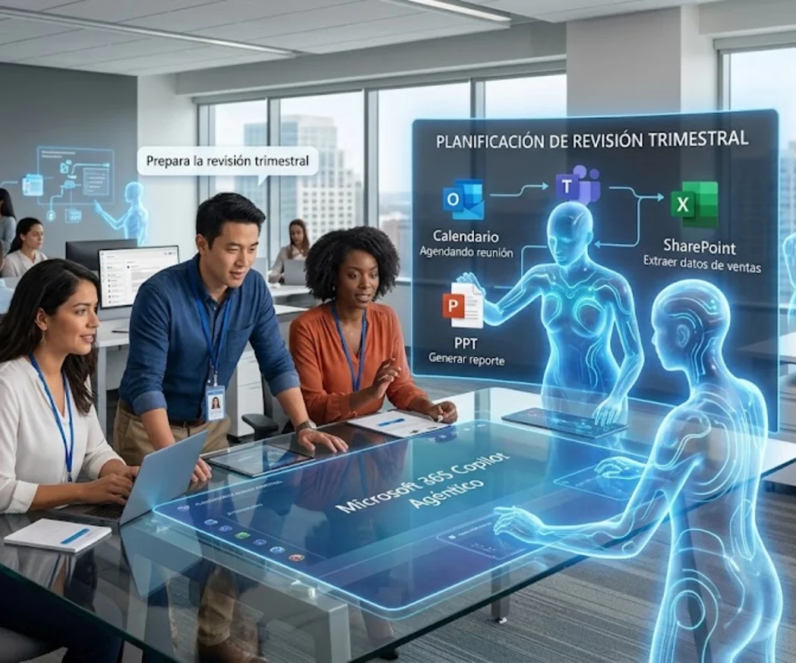 Interfaz de Microsoft 365 Copilot ejecutando tareas mediante inteligencia artificial agéntica.