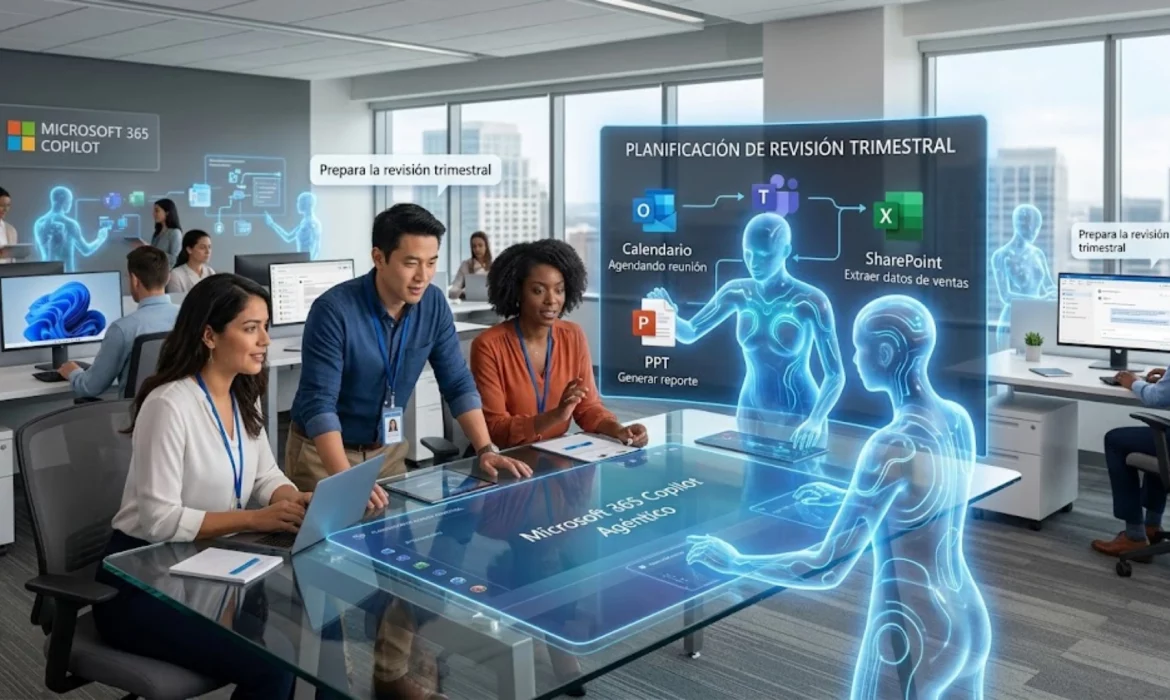 Interfaz de Microsoft 365 Copilot ejecutando tareas mediante inteligencia artificial agéntica.