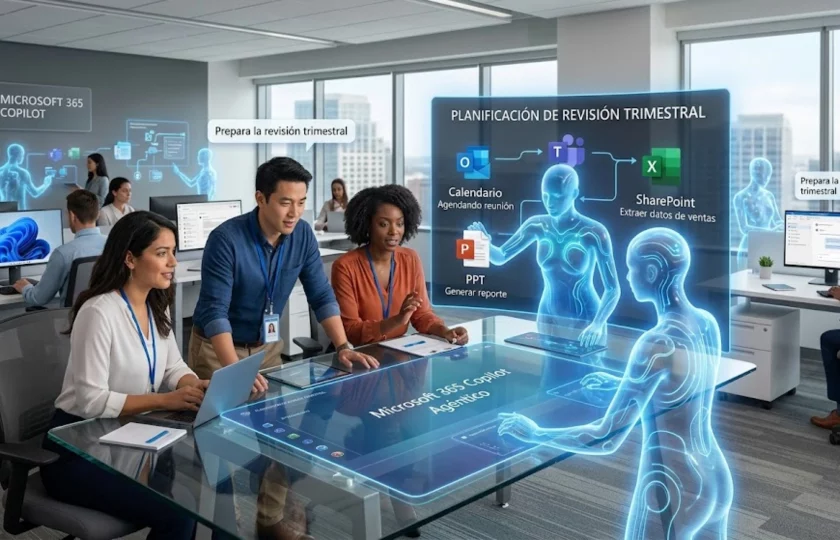 Interfaz de Microsoft 365 Copilot ejecutando tareas mediante inteligencia artificial agéntica.