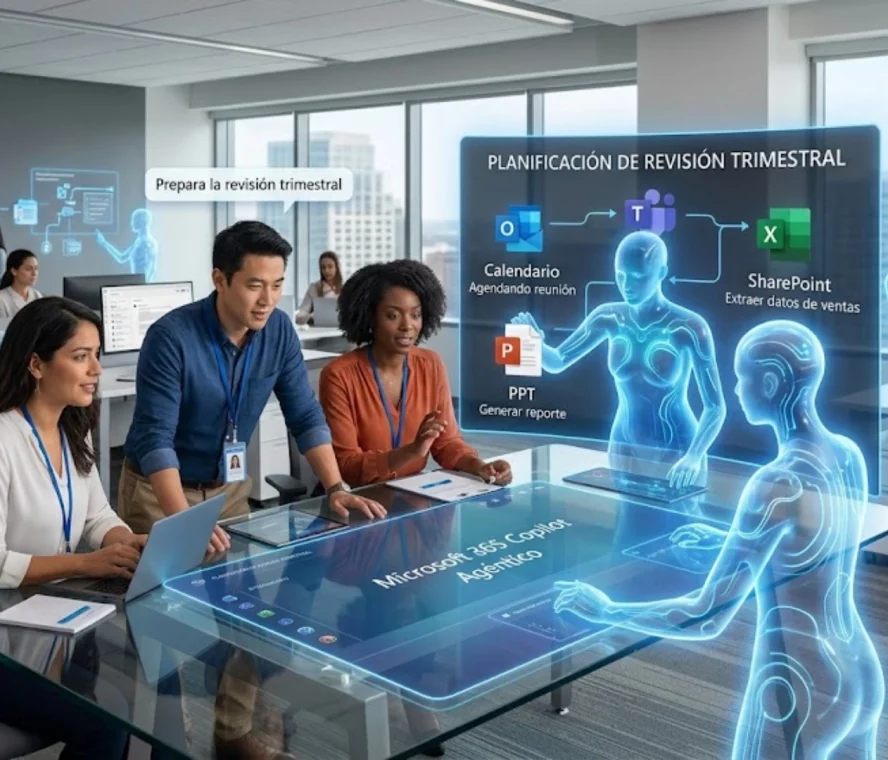 Interfaz de Microsoft 365 Copilot ejecutando tareas mediante inteligencia artificial agéntica.