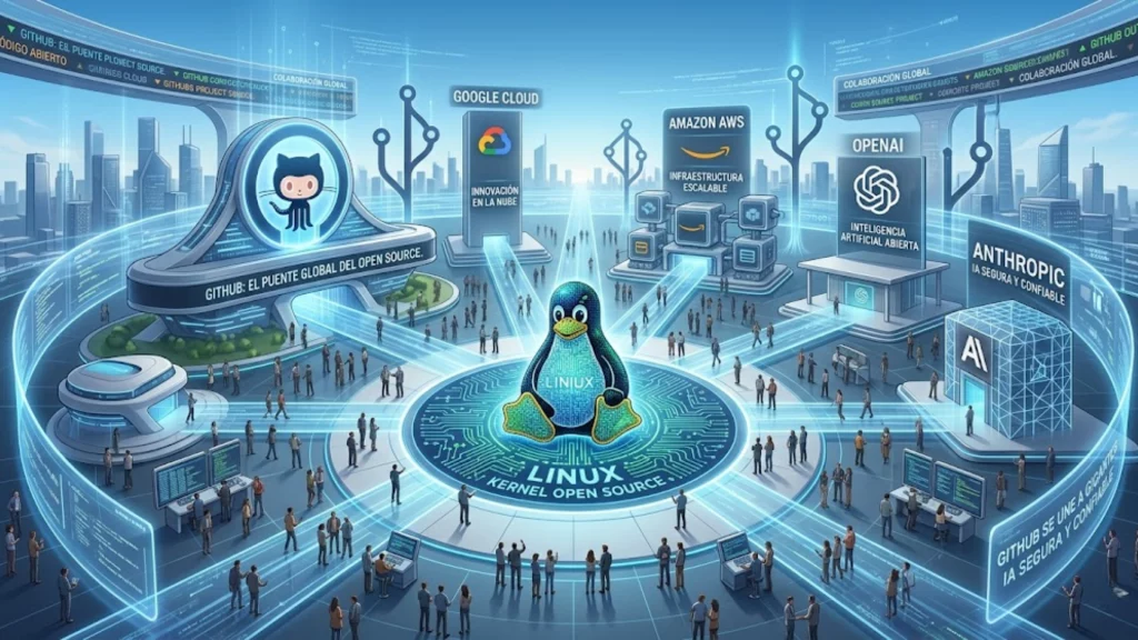 Logotipos de GitHub, Google y Amazon integrándose con el kernel de Linux.