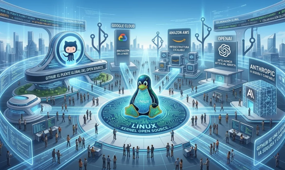 Logotipos de GitHub, Google y Amazon integrándose con el kernel de Linux.
