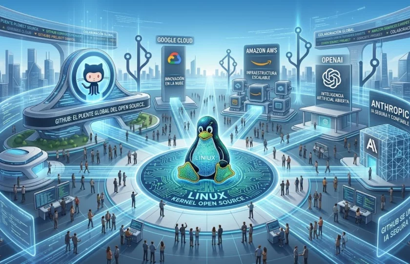 Logotipos de GitHub, Google y Amazon integrándose con el kernel de Linux.