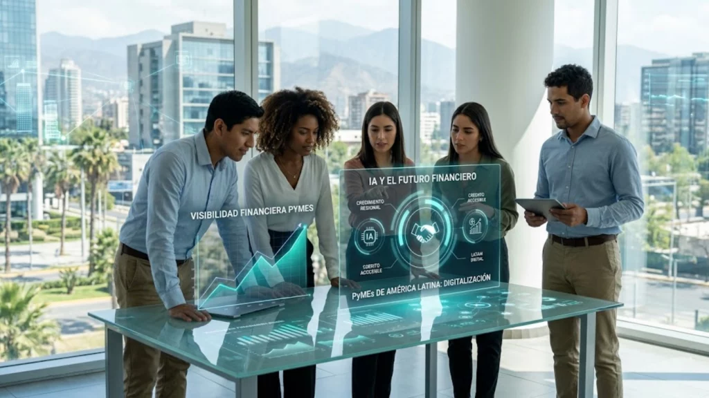 Empresario latinoamericano analizando datos financieros mediante inteligencia artificial en una tablet.