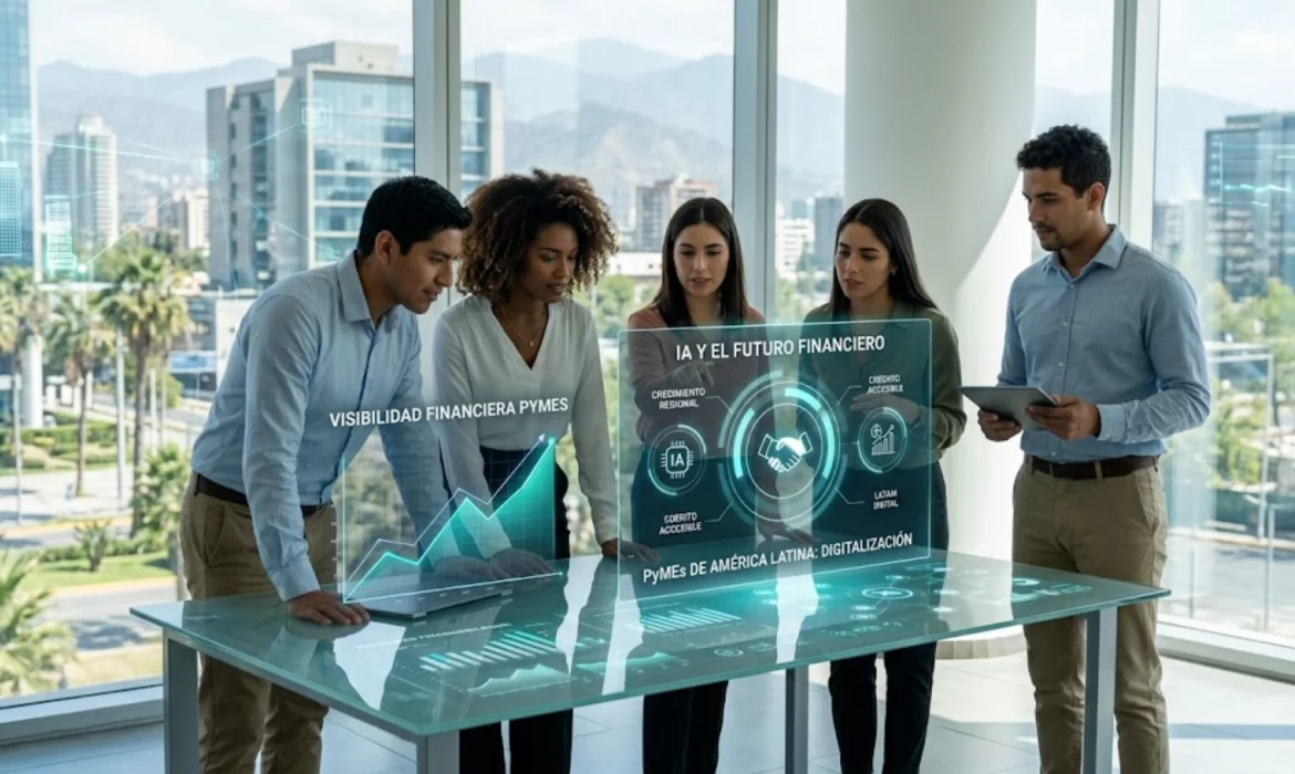 Empresario latinoamericano analizando datos financieros mediante inteligencia artificial en una tablet.