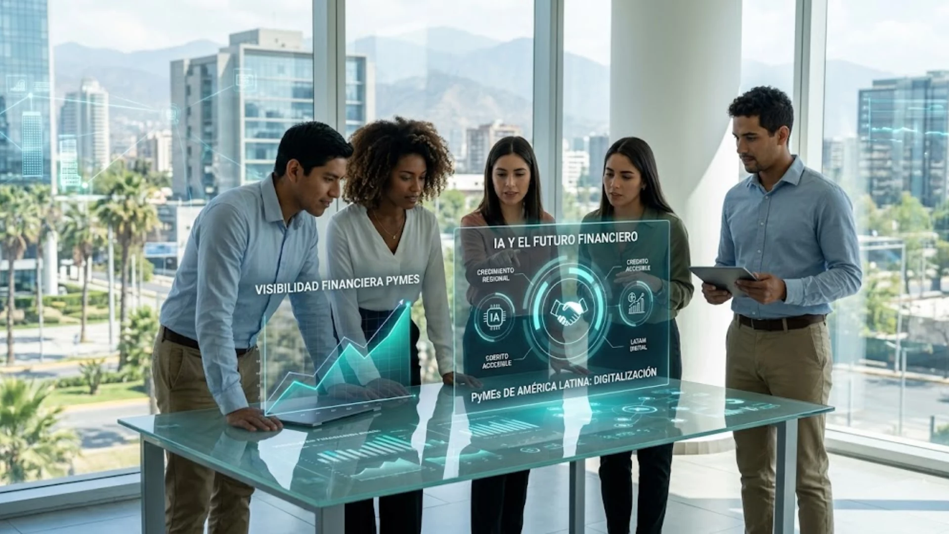 Empresario latinoamericano analizando datos financieros mediante inteligencia artificial en una tablet.