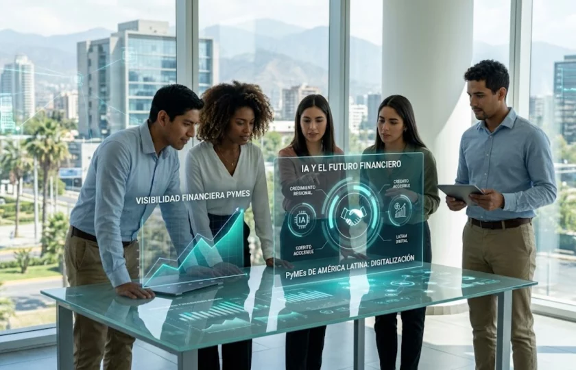 Empresario latinoamericano analizando datos financieros mediante inteligencia artificial en una tablet.