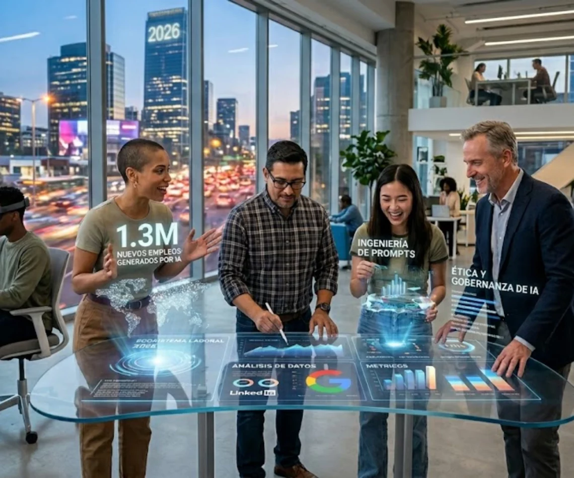 Profesionales colaborando con herramientas de inteligencia artificial en una oficina moderna.