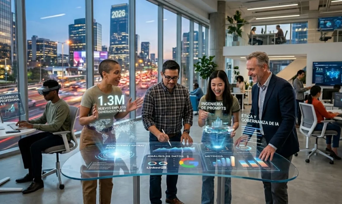 Profesionales colaborando con herramientas de inteligencia artificial en una oficina moderna.