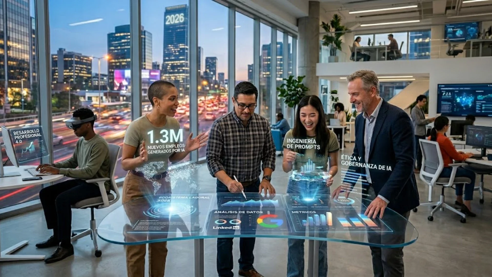 Profesionales colaborando con herramientas de inteligencia artificial en una oficina moderna.