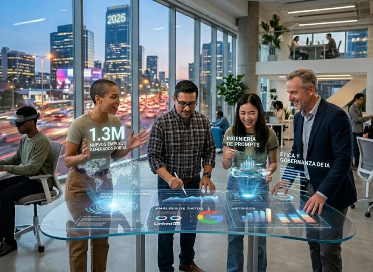 Profesionales colaborando con herramientas de inteligencia artificial en una oficina moderna.