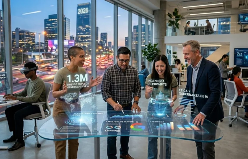 Profesionales colaborando con herramientas de inteligencia artificial en una oficina moderna.