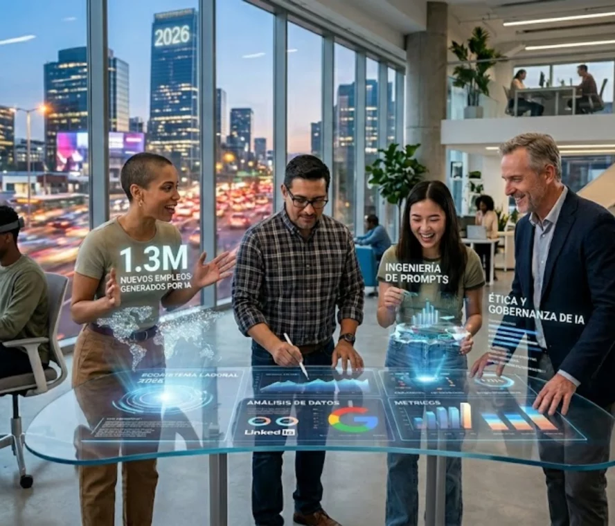 Profesionales colaborando con herramientas de inteligencia artificial en una oficina moderna.