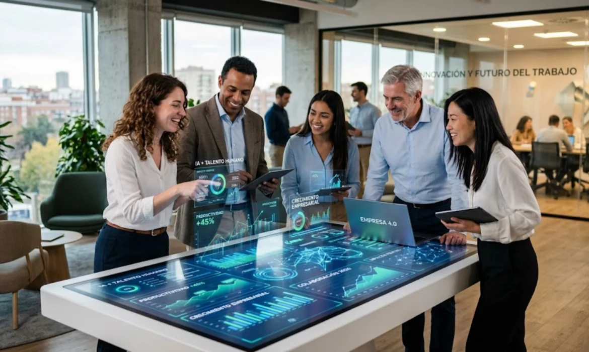 Equipo de trabajo colaborando con herramientas de inteligencia artificial en una oficina moderna.