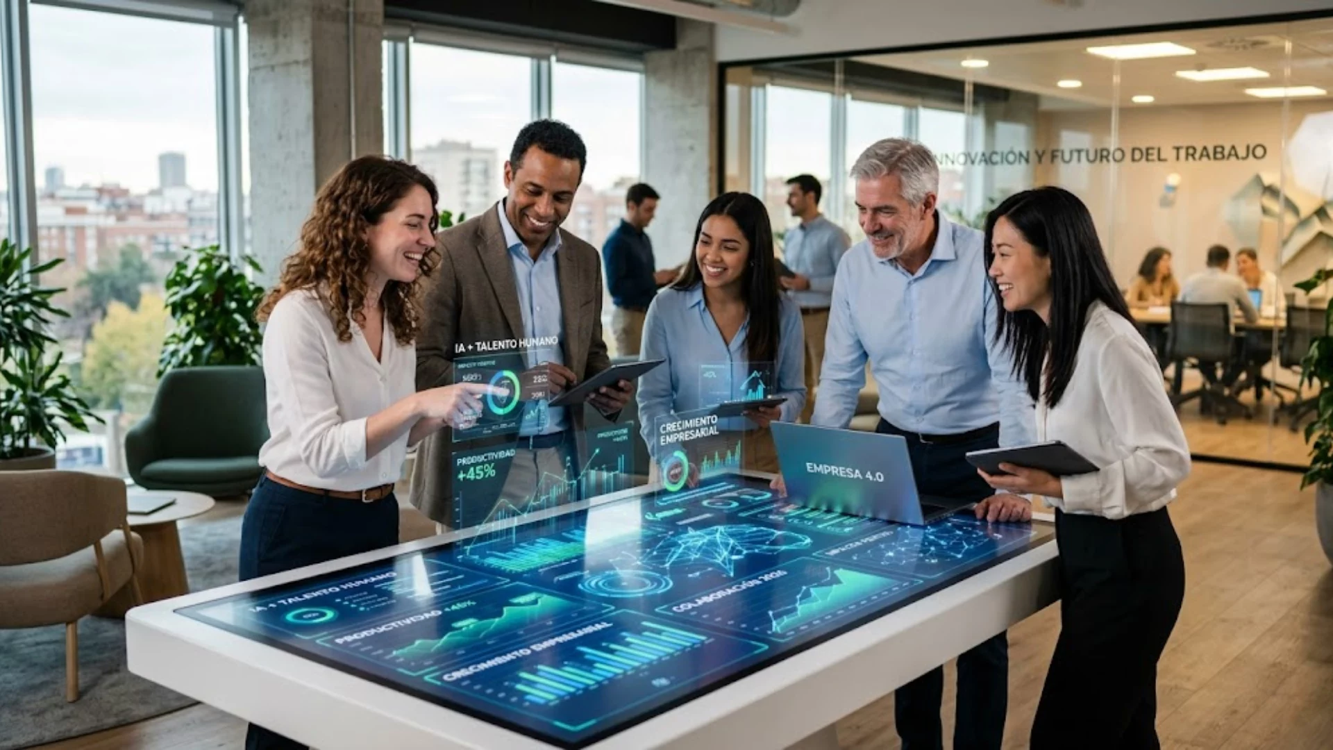 Equipo de trabajo colaborando con herramientas de inteligencia artificial en una oficina moderna.