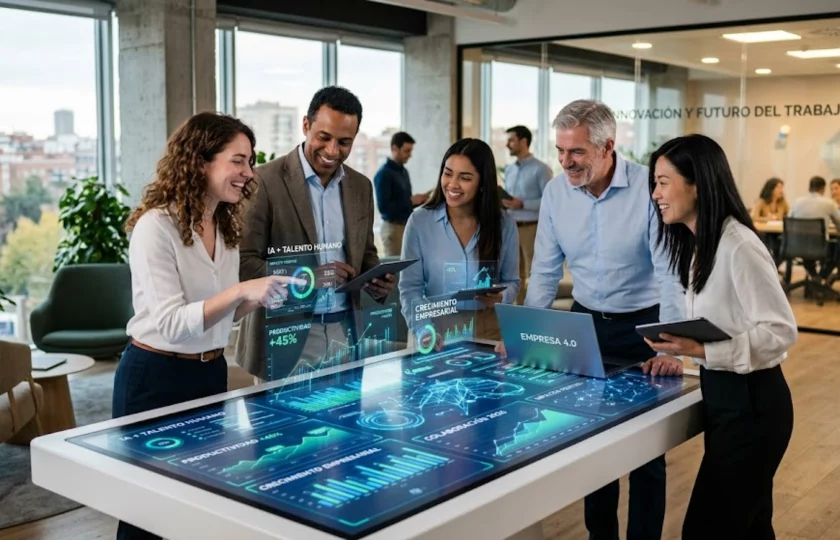 Equipo de trabajo colaborando con herramientas de inteligencia artificial en una oficina moderna.