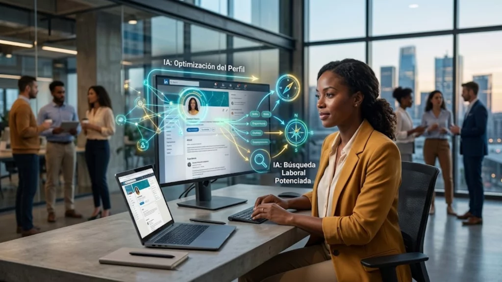 Profesional utilizando herramientas de inteligencia artificial en LinkedIn para mejorar su perfil.