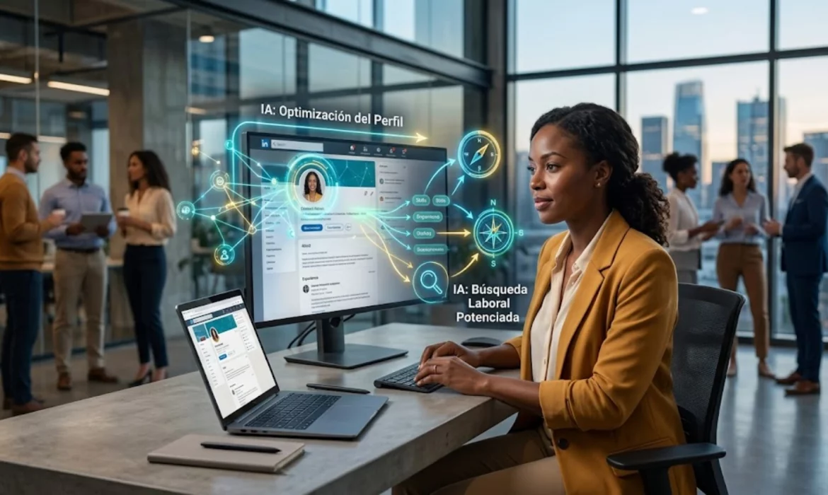 Profesional utilizando herramientas de inteligencia artificial en LinkedIn para mejorar su perfil.