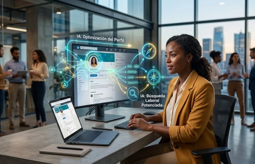 Profesional utilizando herramientas de inteligencia artificial en LinkedIn para mejorar su perfil.