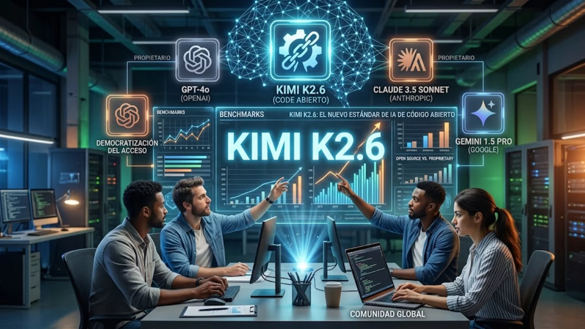 Comparativa de Kimi k2.6 frente a GPT-4o y Claude 3.5 Sonnet en benchmarks de IA.