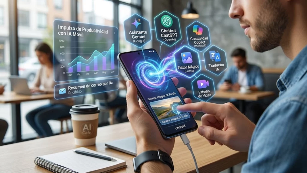 Persona utilizando aplicaciones de inteligencia artificial en un smartphone Android.