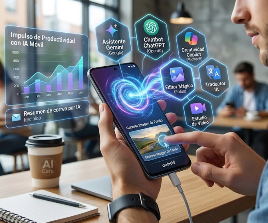 Persona utilizando aplicaciones de inteligencia artificial en un smartphone Android.