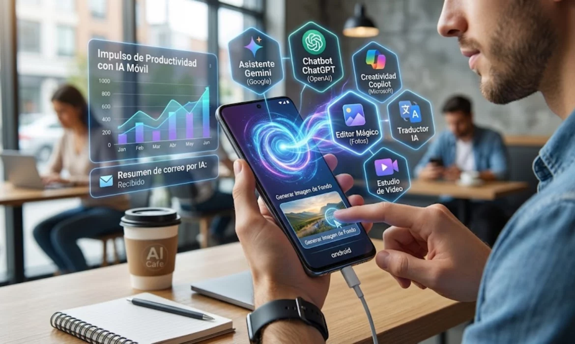 Persona utilizando aplicaciones de inteligencia artificial en un smartphone Android.