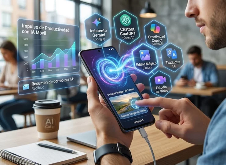 Persona utilizando aplicaciones de inteligencia artificial en un smartphone Android.